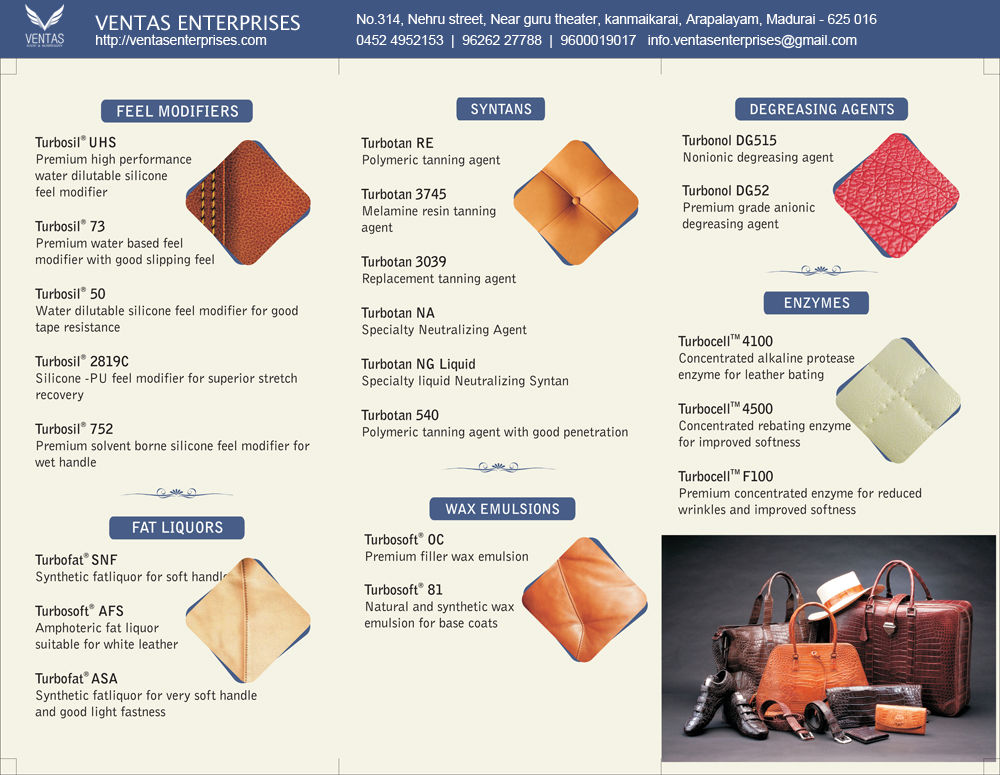 Silicone feel modifier, Fat Liquors, Syntans Turbotan RE, Wax Emulsions, Degreasing Agents, Turbonol DG52 Enzymes